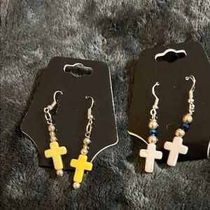Cross Dangle Earrings - Yellow and White